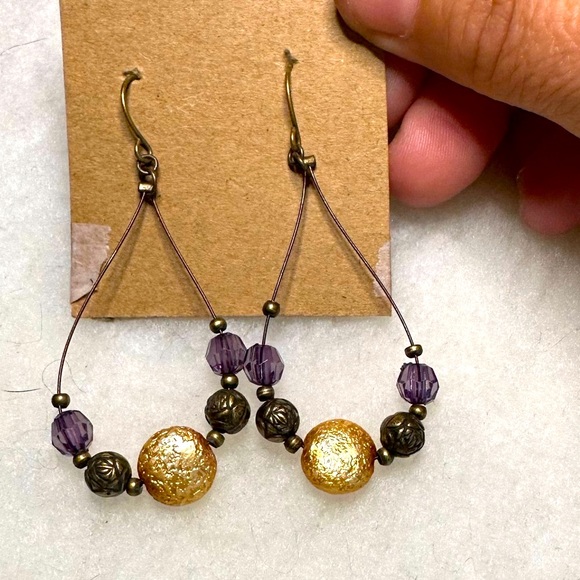 Gold + Plum Open Hoop Beaded Earrings - Picture 3 of 5